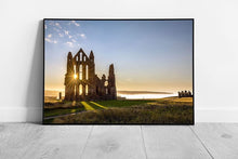 Cargue la imagen en el visor de la galería, Sun Star on Whitby Abbey Coastal church North Yorkshire landmark Wall Art Print Framed Picture print
