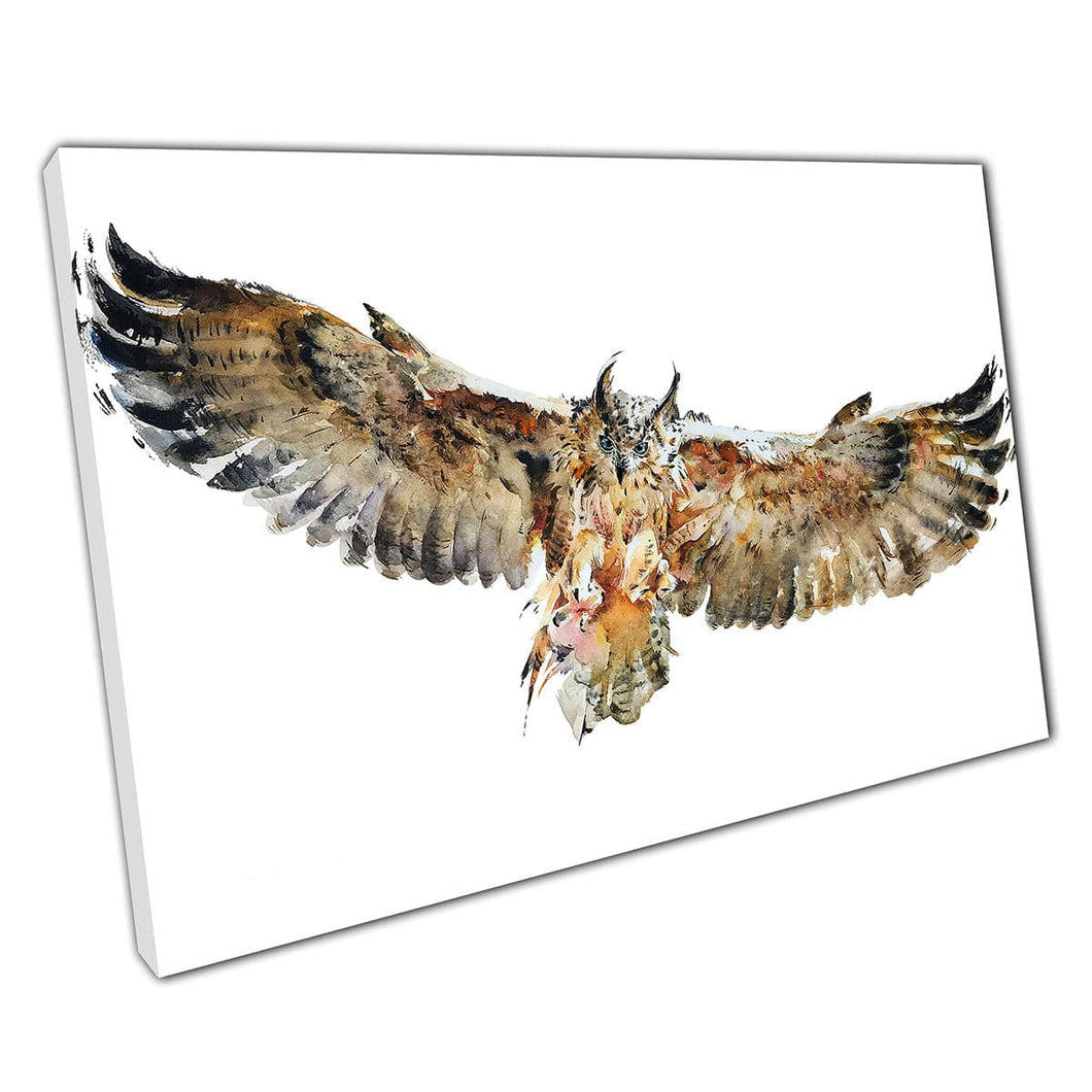 Stunning Watercolour Painting Of Brown Owl Bird Of Prey Flying Through The Air Wall Art Print On Canvas Mounted Canvas print