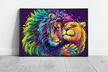 Cargue la imagen en el visor de la galería, Lion And Lioness Cuddle Embrace Digital Colourful Wildlife Wall Art Print on Paper Framed Picture print
