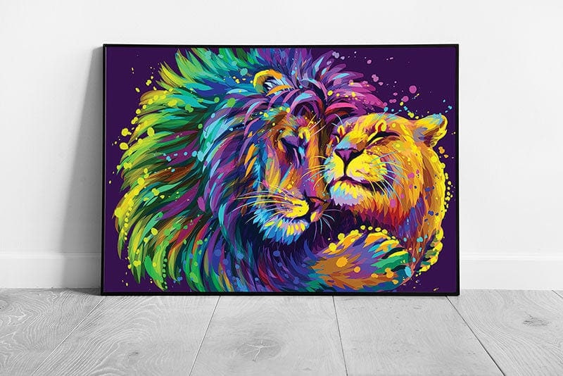 Lion And Lioness Cuddle Embrace Digital Colourful Wildlife Wall Art Print on Paper Framed Picture print