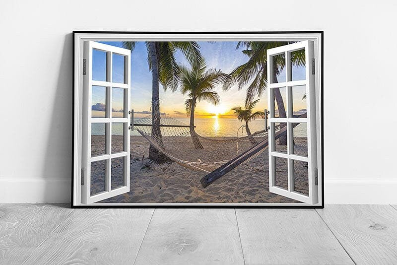 Window View relaxing on the beach Hammock sunset Ready to Hang Wall Art Print Framed Picture print