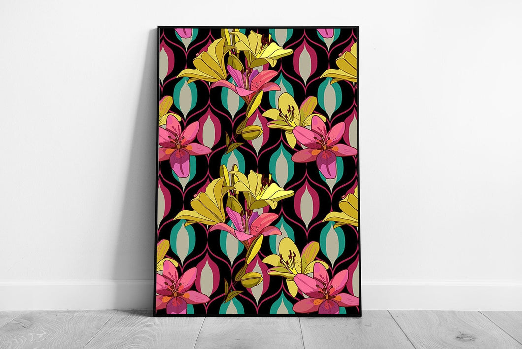 Colourful Vibrant Yellow And Pink Art Deco Inspired Floral Lilies Digital Artwork Wall Art Print on Paper Framed Picture print