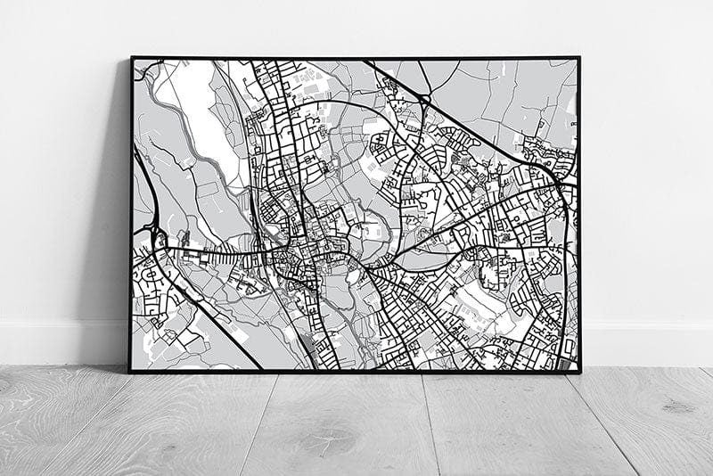Black And White Greyscale Urban Map Oxford England City Navigation Minimal Abstract Wall Art Print on Paper Framed Picture print