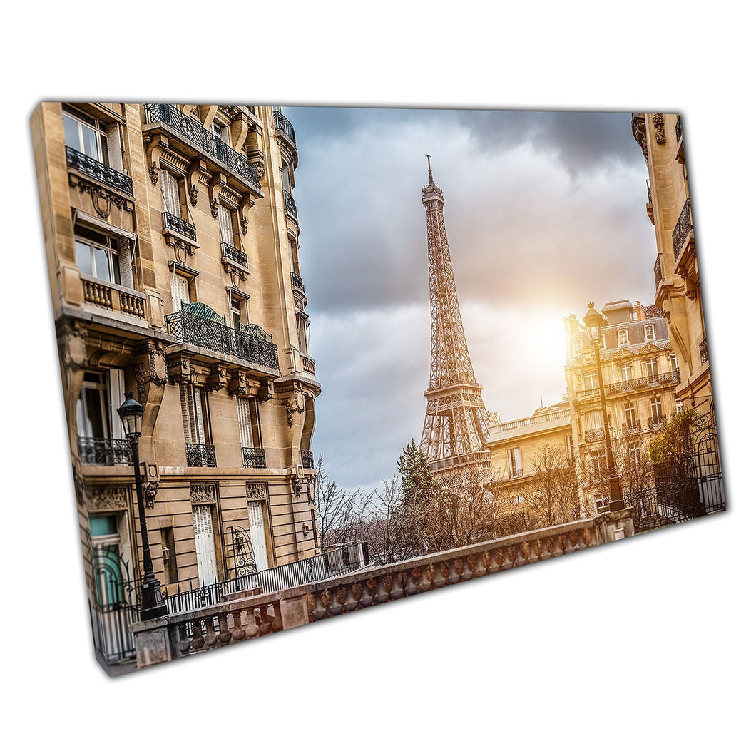 Cloudy Rainy Day On A Small Parisian Street Overlooking The Eiffel Tower Paris France Wall Art Print On Canvas Picture For Home Office Decor - My Store