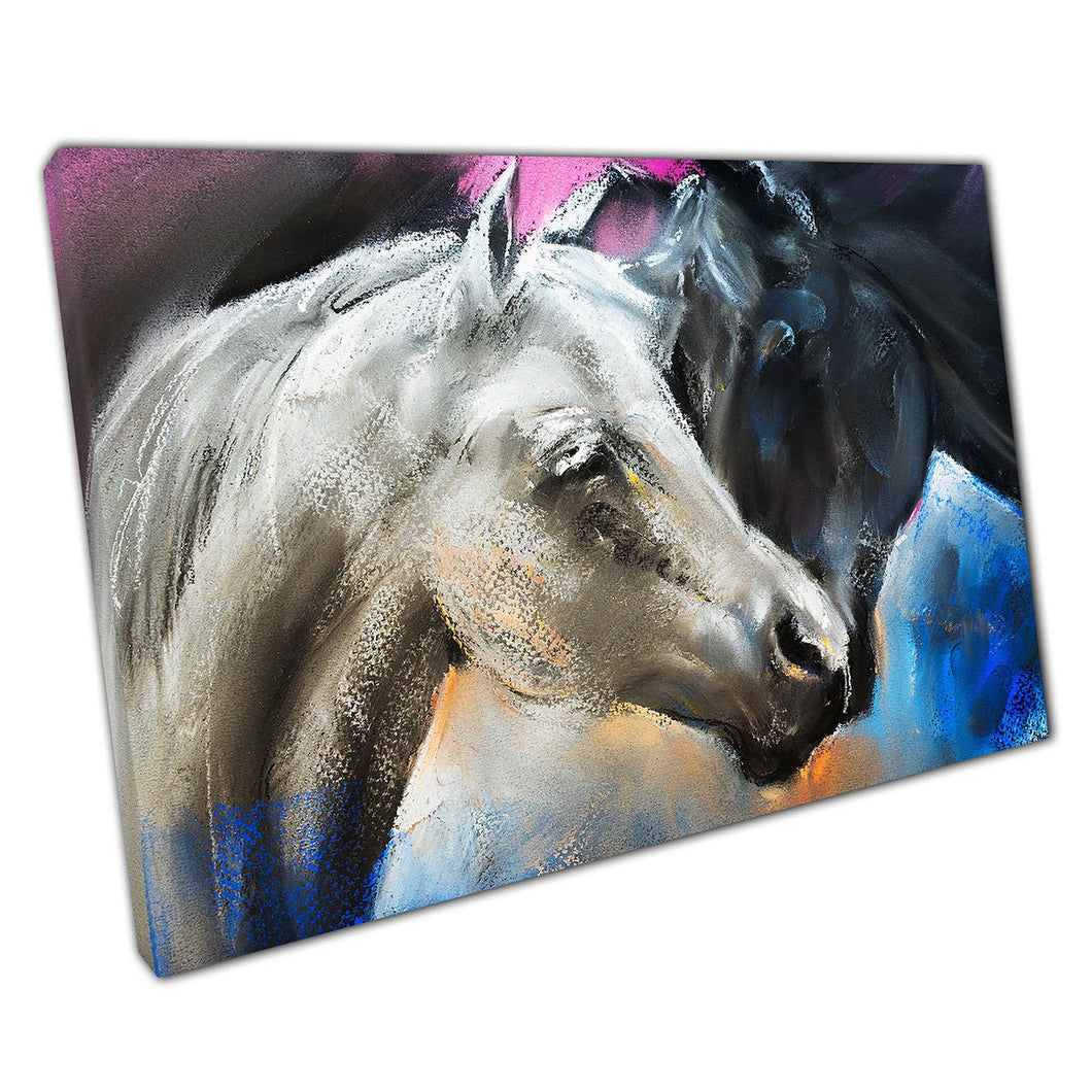 Colourful Pastel Portrait Of Two Horses Canvas Wall Art Print On Canvas Picture For Home Office Decor