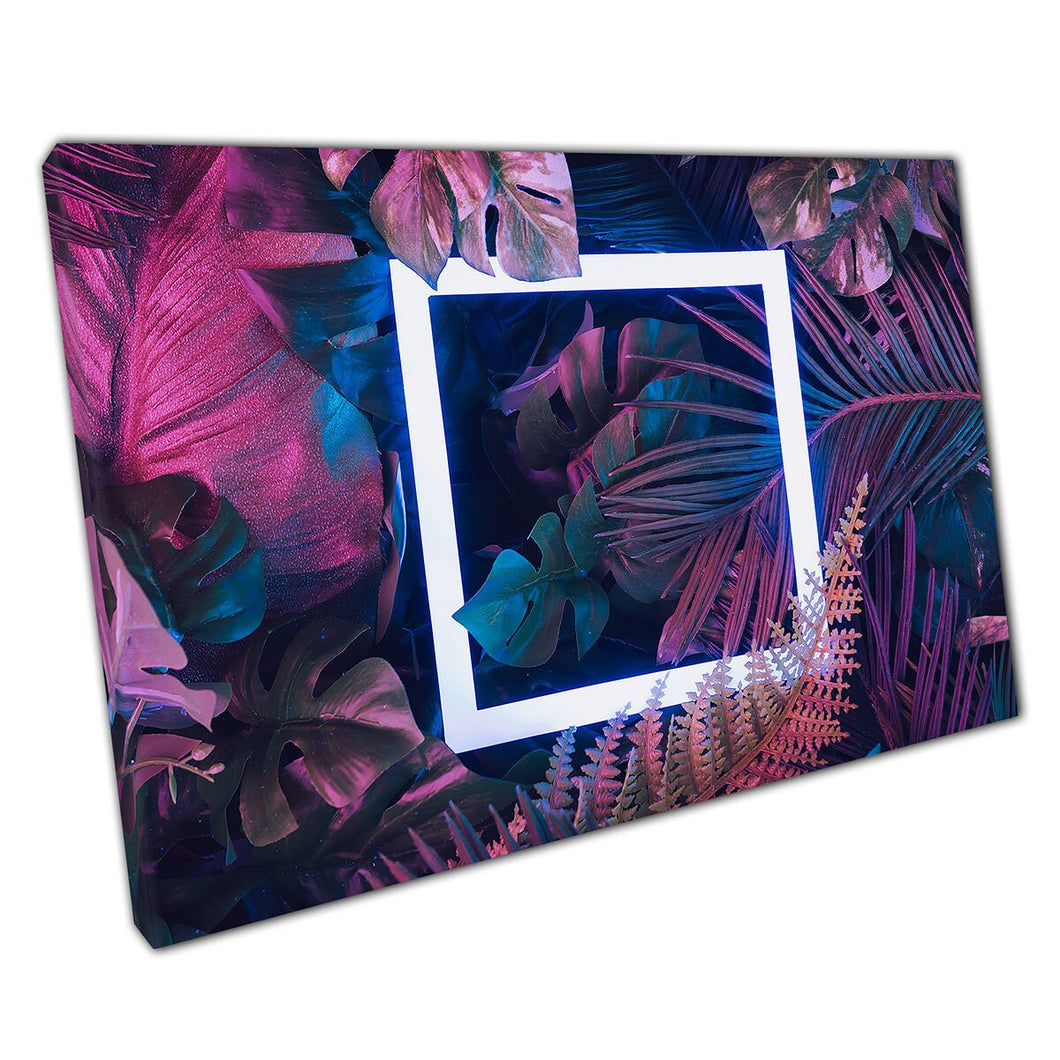Fluorescent Square Surrounded By Tropical Pink Blue Teal Leaves Exotic Jungle Foliage Wall Art Print On Canvas Picture For Home Office Decor