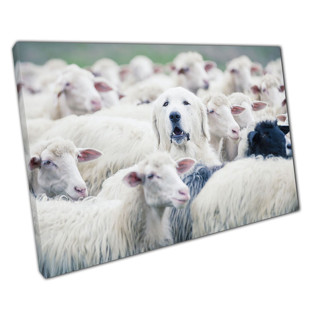 Shepherd Sheep Dog Popping His Head Out Of Sheep Flock Herd Interesting Photography Wall Art Print On Canvas Picture For Home Office Decor