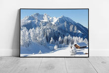 Load image into Gallery viewer, Winter Wonderland And Log Cabin In The Austrian Alps Wall Art Print on Paper Framed Picture print
