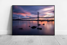 Cargue la imagen en el visor de la galería, Purple &amp; Blue sunset over Forth Road Bridge Firth of Forth River Wall Art Print Framed Picture print

