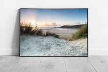 Load image into Gallery viewer, Sunset through the sand dunes at Crantock beach Gannel estuary Wall Art Print on Paper Framed Picture print
