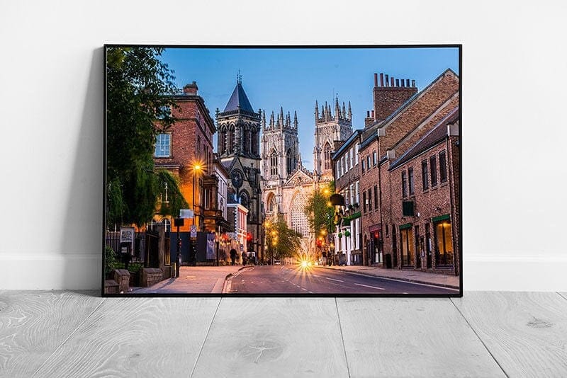 York Cityscape In The Evening Street Lights York Minster England Wall Art Print on Paper Framed Picture print