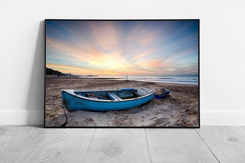 Fishing Boat at Sunrise Bournemouth beach English coastline Ready to Hang Wall Art Print Framed Picture print