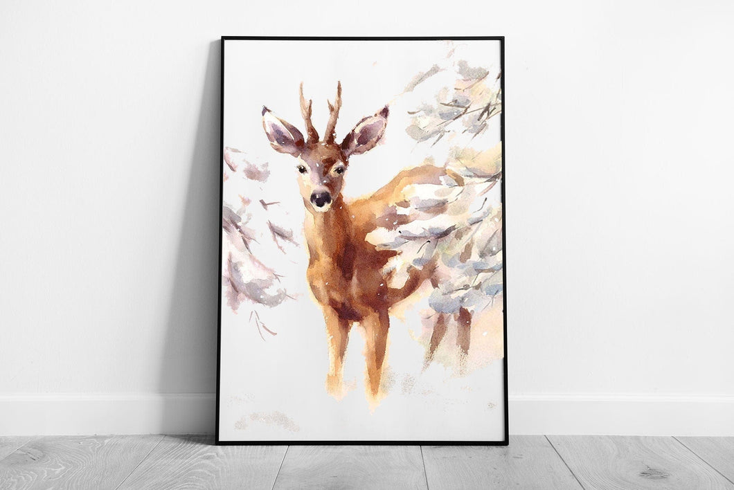 Deer Stag In A Winter Woodland Watercolour Illustration Wall Art Print on Paper Framed Picture print