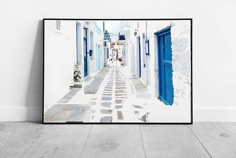 Street with Blue doors Mykonos Island in Greece Ready to Hang Wall Art Print Framed Picture print