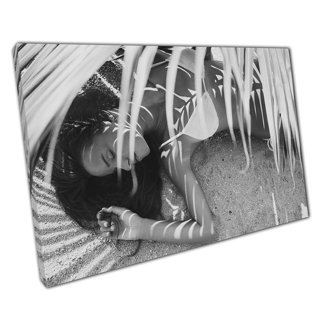 Sexy Woman In Bikini On Beach Under Palm Leaf Black And White Greyscale Wall Art Print On Canvas Mounted Canvas print