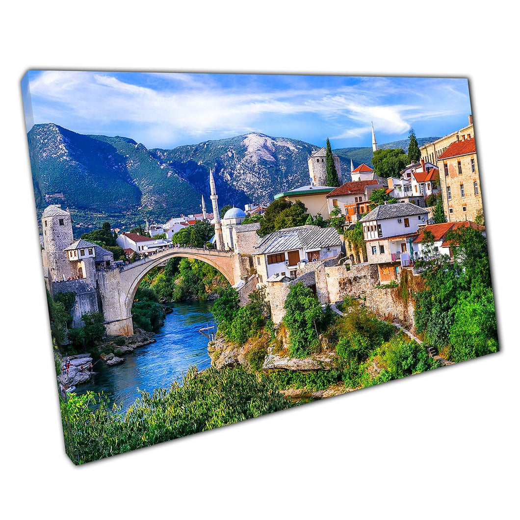 Famous Bridge In Old Town Mostar Bosnia And Herzegovina Wall Art Print On Canvas Mounted Canvas print