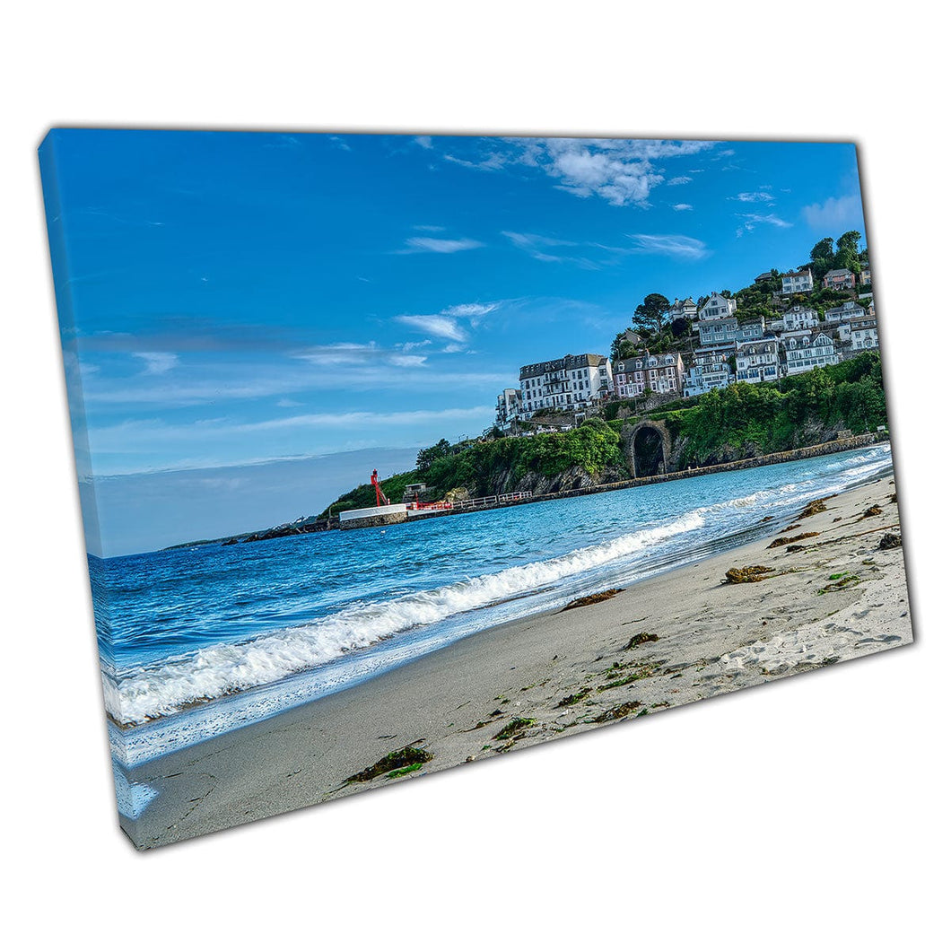 Blue Skies Over Beach And Coastal Town Of Looe England UK Wall Art Print On Canvas Mounted Canvas print
