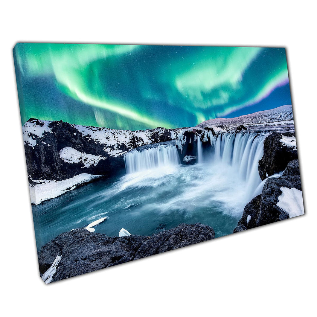 Stunning Northern Lights Over The Goðafoss Waterfall Northern Iceland Wall Art Print On Canvas Mounted Canvas print