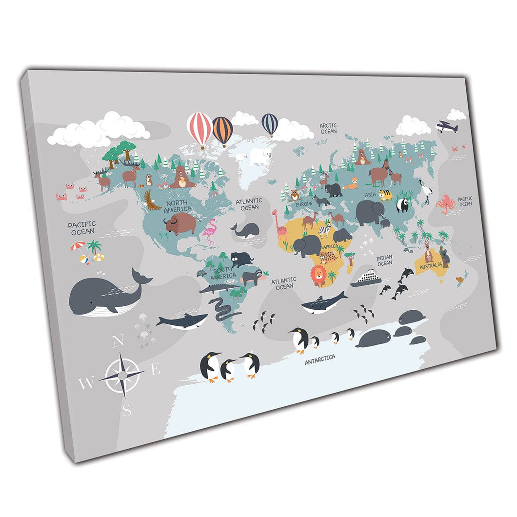 Cartoon Illustration Kids Animals Around The World World Map Wall Art Print On Canvas Mounted Canvas print