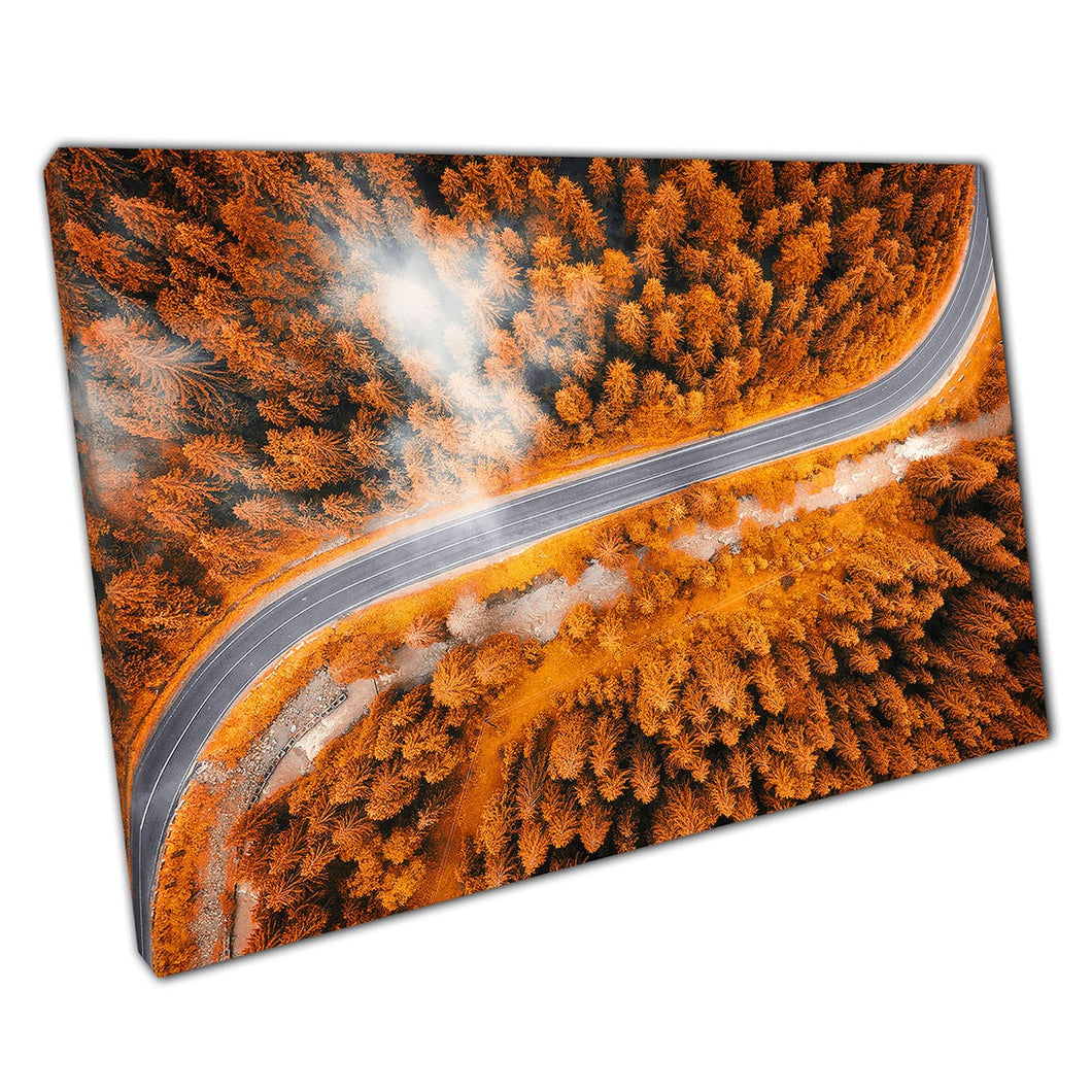Aerial View Of Beautiful Autumnal Orange Woodland Split By Winding Road Wall Art Print On Canvas Mounted Canvas print