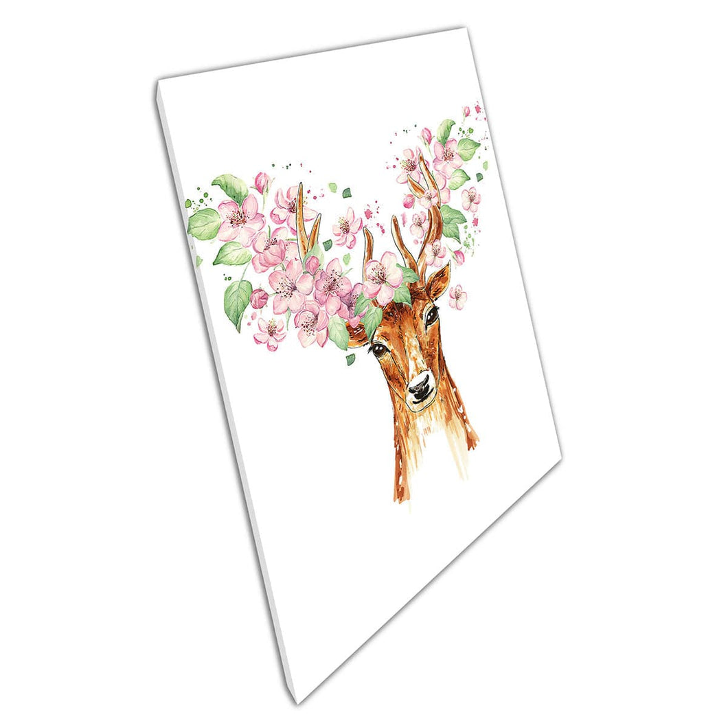 Deer Stag With Antlers Decorated With Blooming Pink Spring Flowers Painting Wall Art Print On Canvas Mounted Canvas print