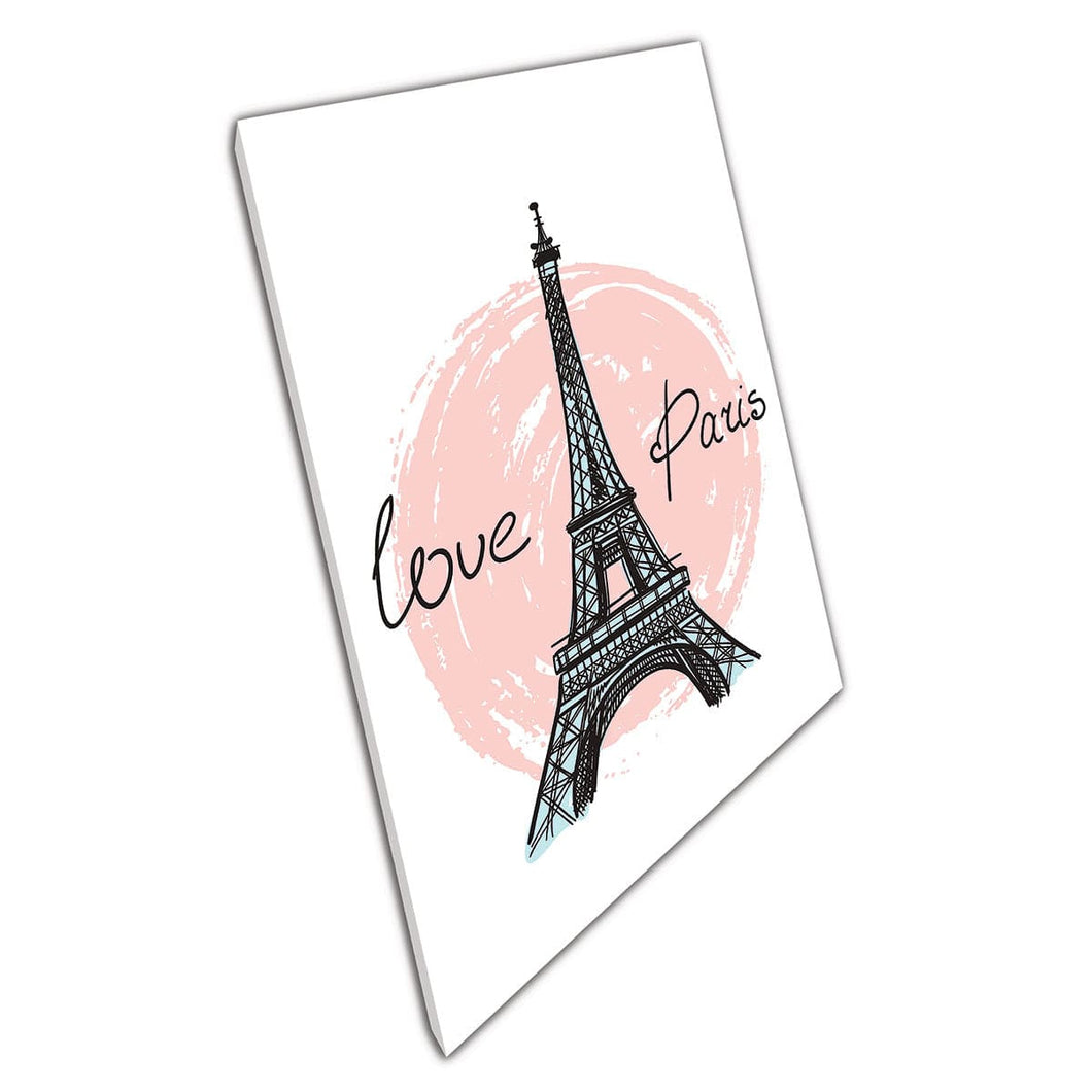 Love Paris France Eiffel Tower Landmark Minimalist Digital Illustration Wall Art Print On Canvas Mounted Canvas print