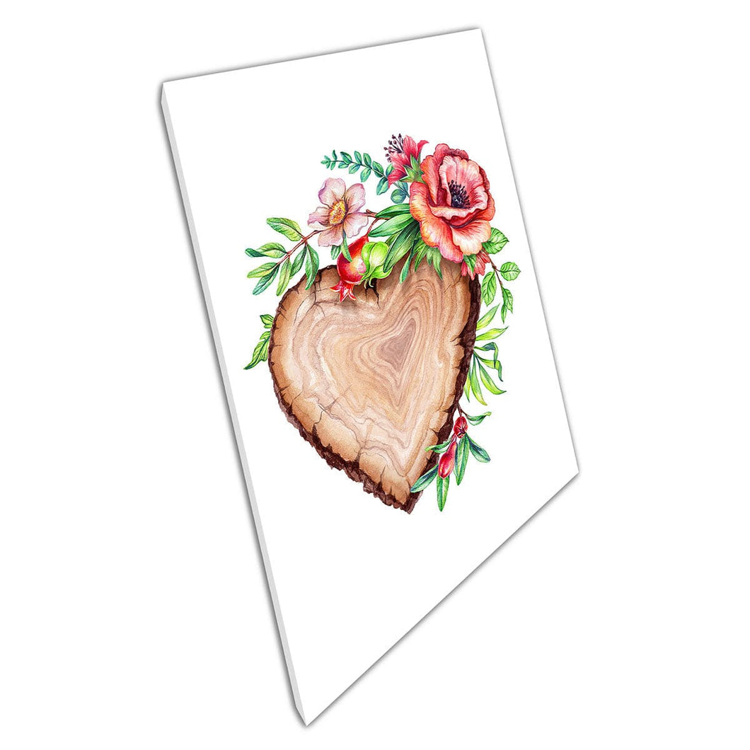 Rustic Wood Heart Shape Decorated With Beautiful Flowers And Leaves Romantic Wall Art Print On Canvas Mounted Canvas print