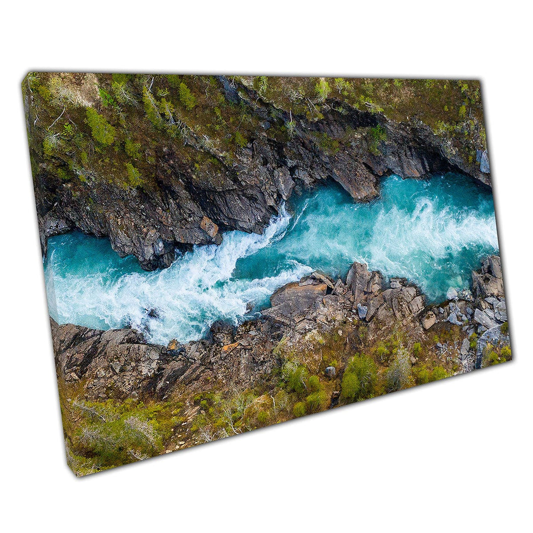 Stunning Aerial View Over Strong Natural Mountain River Glomaga Marmorslottet Wall Art Print On Canvas Mounted Canvas print