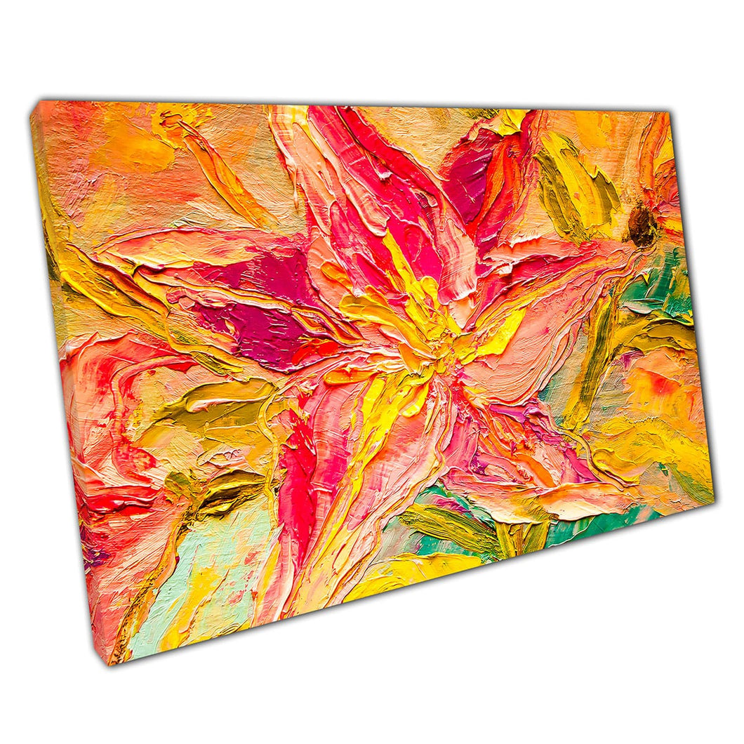 Multicoloured Textured Brushstroke Style Floral Painting Vibrant Warm Pinks Oranges Wall Art Print On Canvas Mounted Canvas print