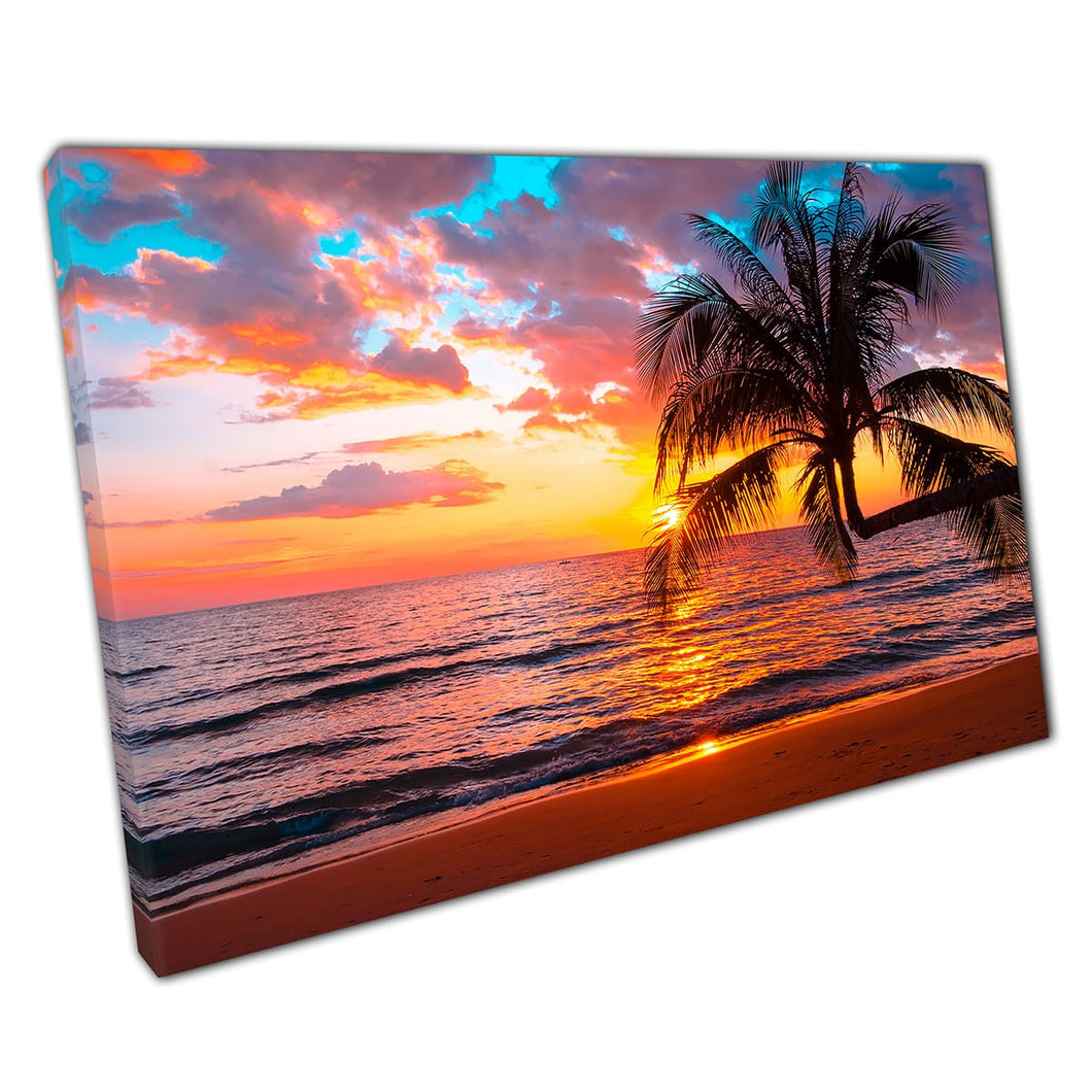 Palm Trees Against A Beautiful Tropical Sunset Seascape Relaxing Exotic Paradise Wall Art Print On Canvas Mounted Canvas print