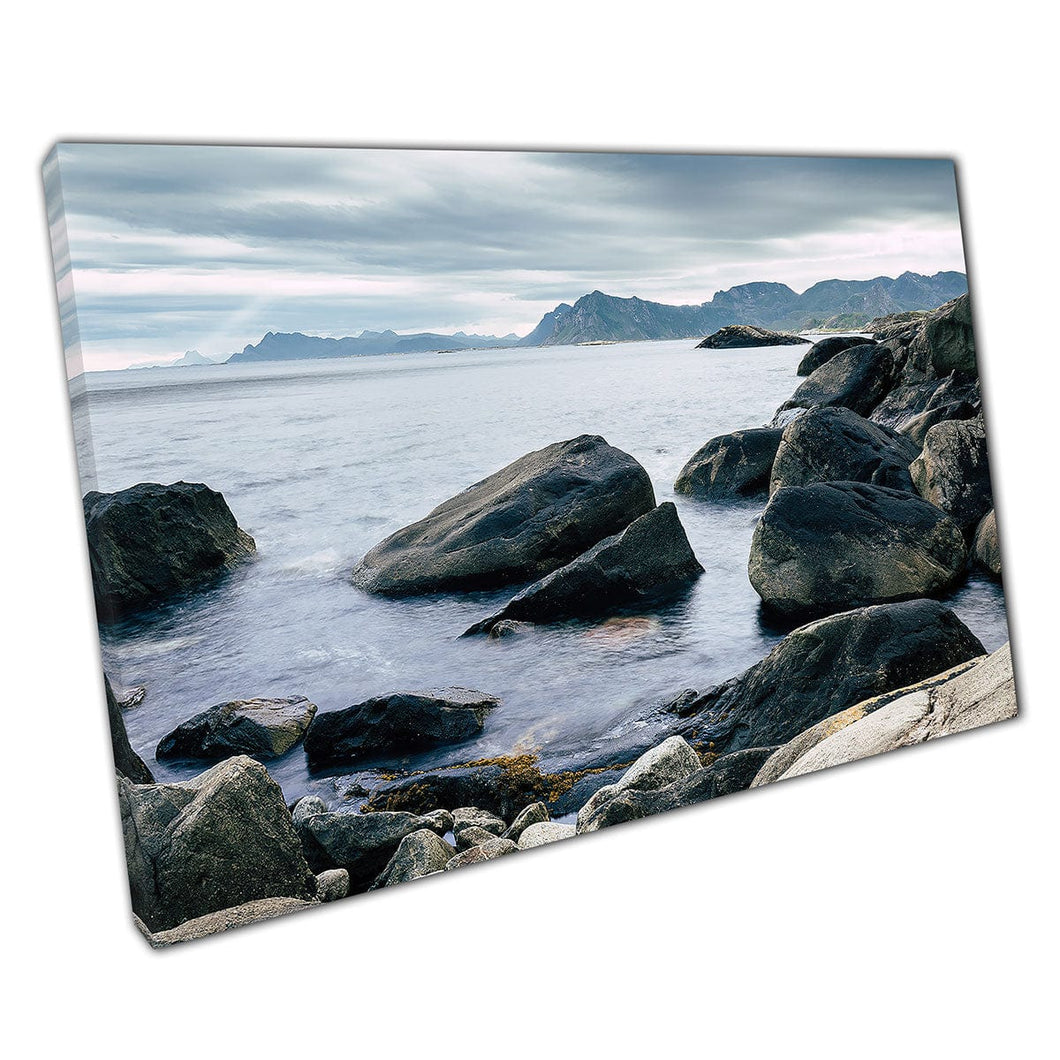 Calm Peaceful Seascape Mountainous Rocks In The Distance Rocky Beach Shore Norway Wall Art Print On Canvas Mounted Canvas print