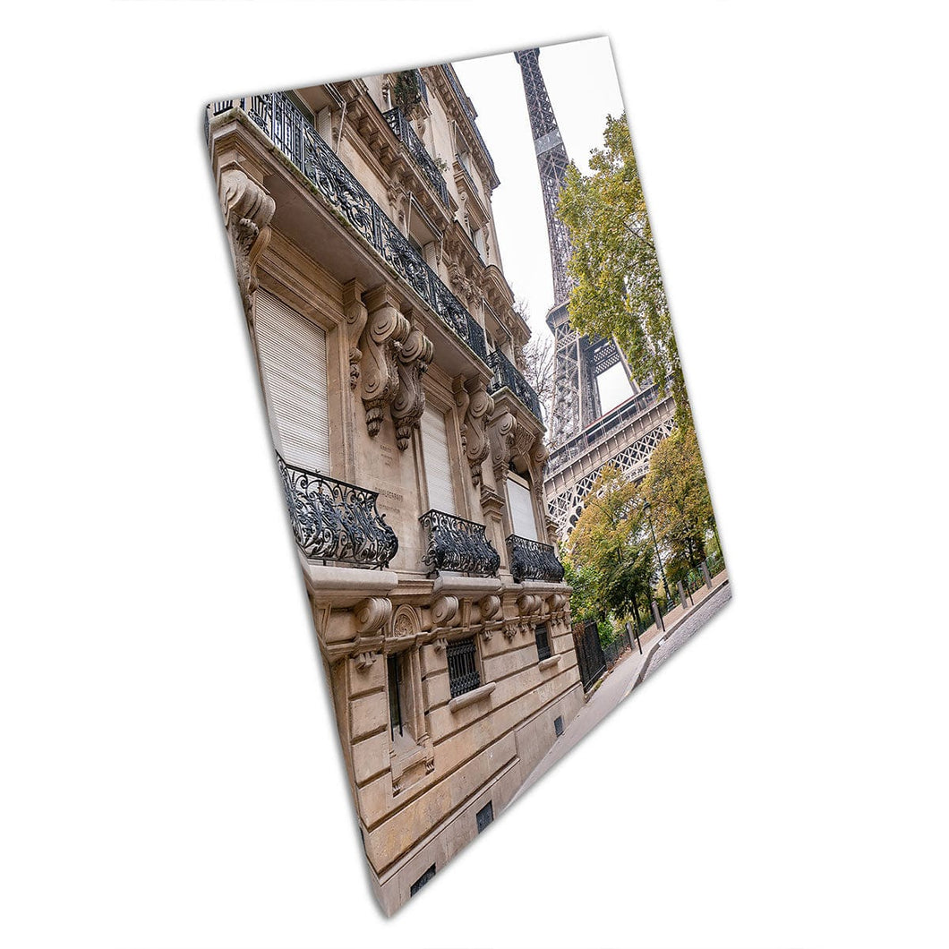 Beautiful Old Parisian Street Stunning Architecture With The Eiffel Tower Behind It Wall Art Print On Canvas Mounted Canvas print