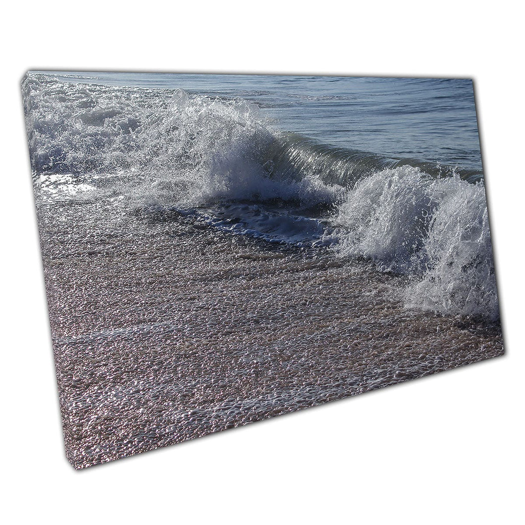 Calming Cold Seascape Waves Slowly Breaking Dispersing Against The Sandy Seashore Wall Art Print On Canvas Mounted Canvas print