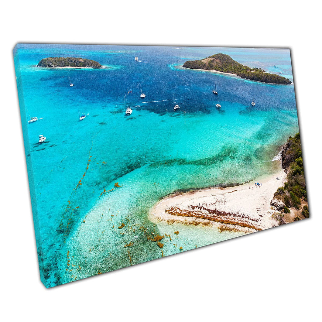 Aerial View Of Turquoise Tropical Island Seascape Caribbean Sea Of Tobago Cays Wall Art Print On Canvas Mounted Canvas print