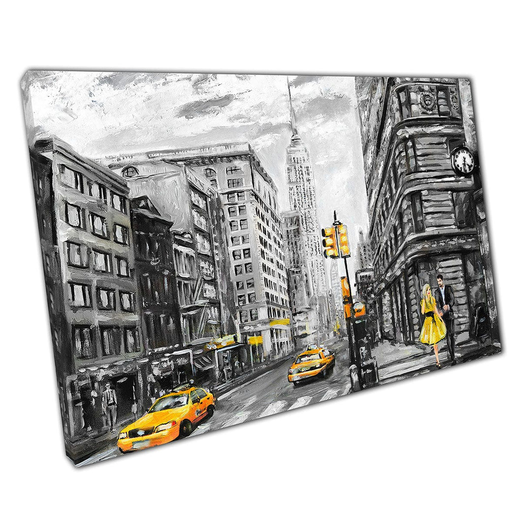 Monochrome And Yellow Textured Oil Painting Style New York City With Cabs Cityscape Wall Art Print On Canvas Mounted Canvas print