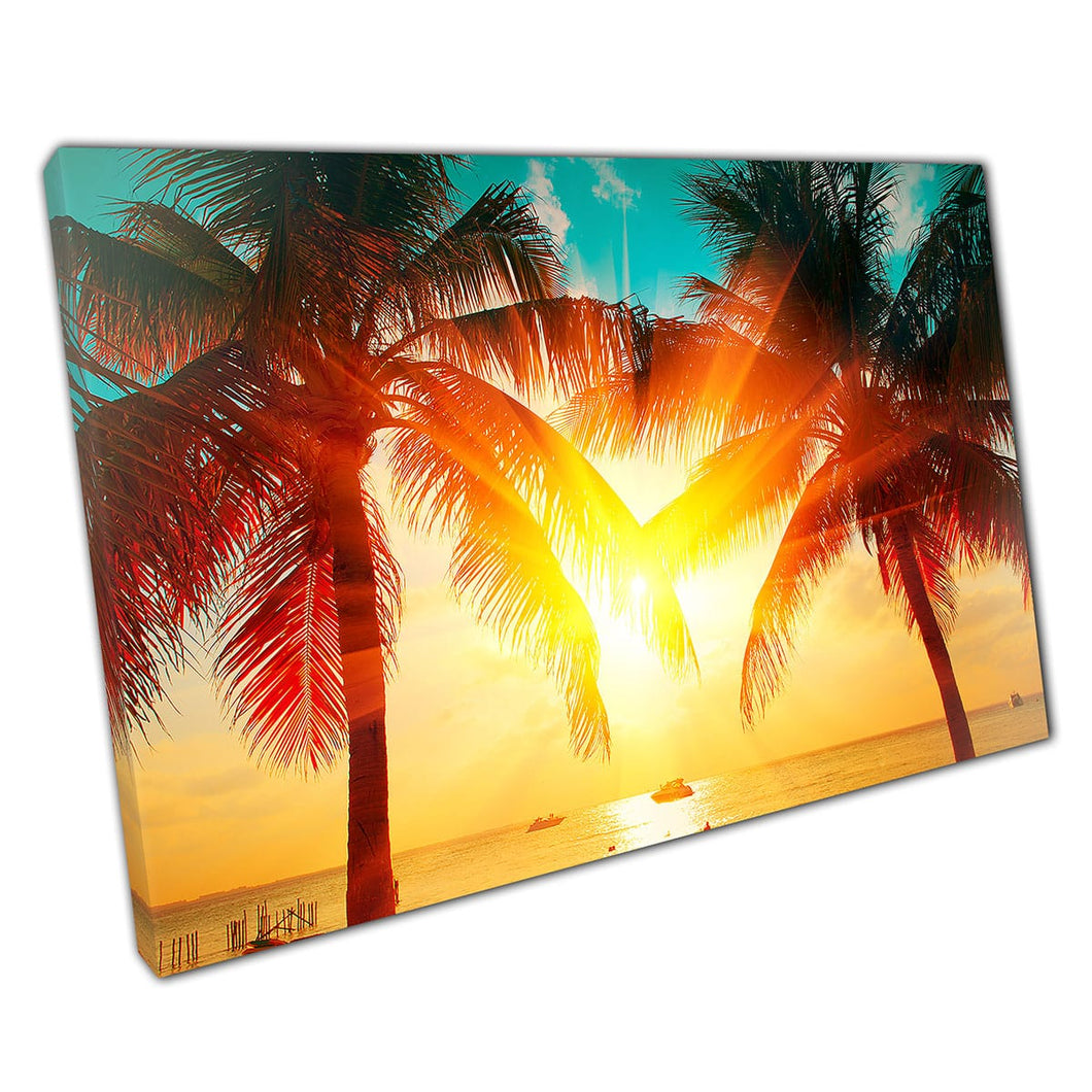 Vibrant Warm Sun Setting Over A Palm Tree Lined Beach Caribbean Island Seascape Wall Art Print On Canvas Mounted Canvas print