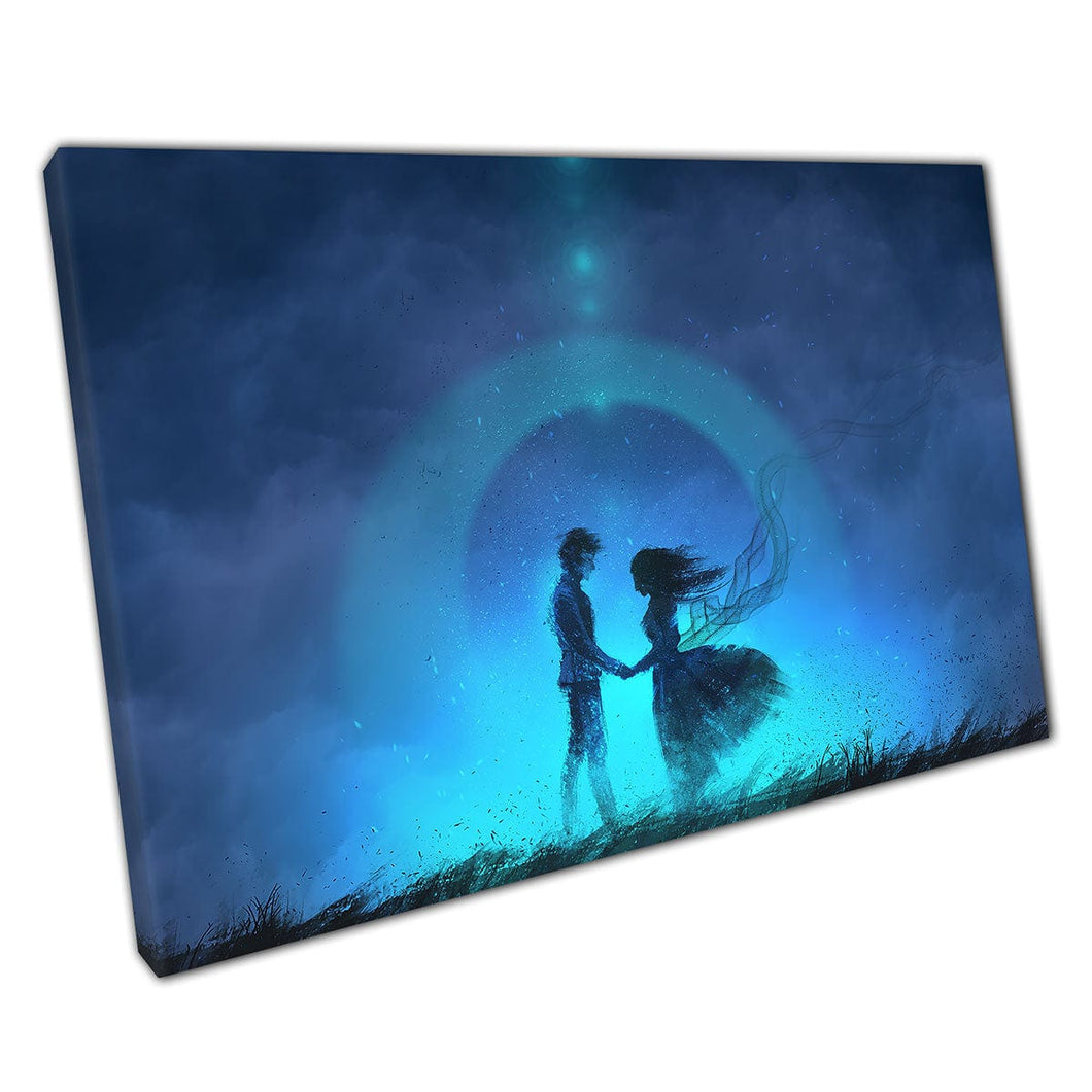 Magical Fantasy Love Story Couple Relationship Mystical Glowing Blue Light Digital Wall Art Print On Canvas Mounted Canvas print