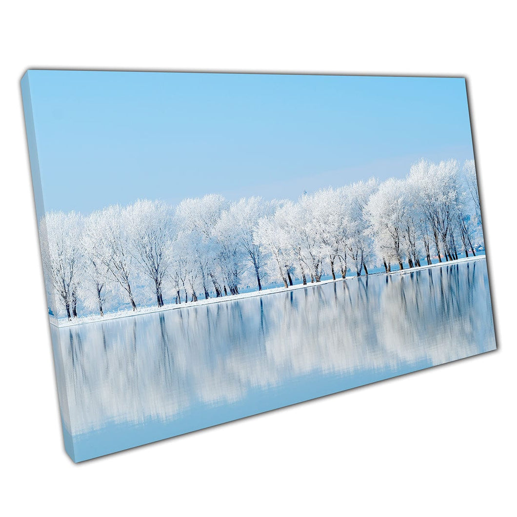 Snow Covered Winter Woodland Reflecting In A Clear Icy Blue Lake White Winter Nature Wall Art Print On Canvas Mounted Canvas print
