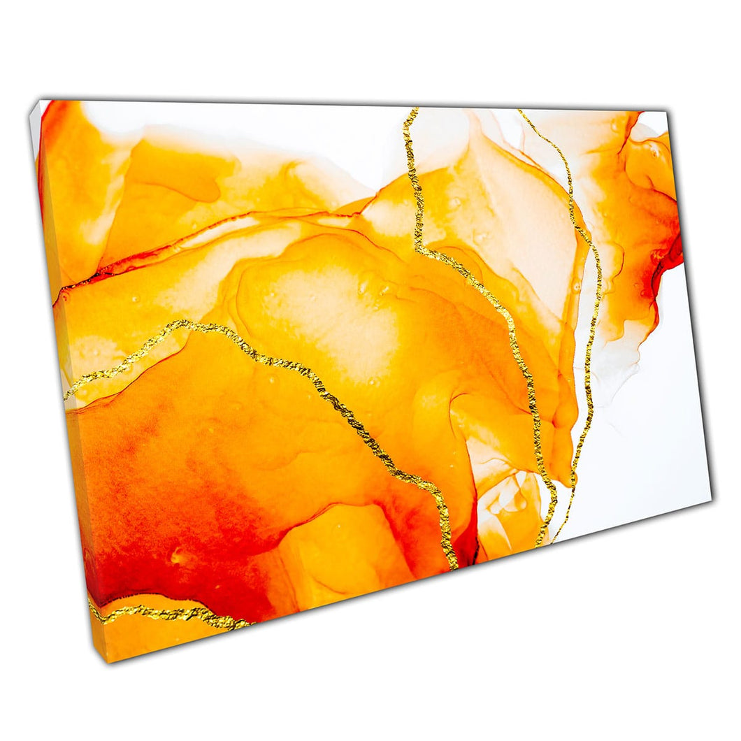 Abstract Fiery Bright Orange Yellow Red Ink Free Flowing Technique Gold Highlights Wall Art Print On Canvas Mounted Canvas print