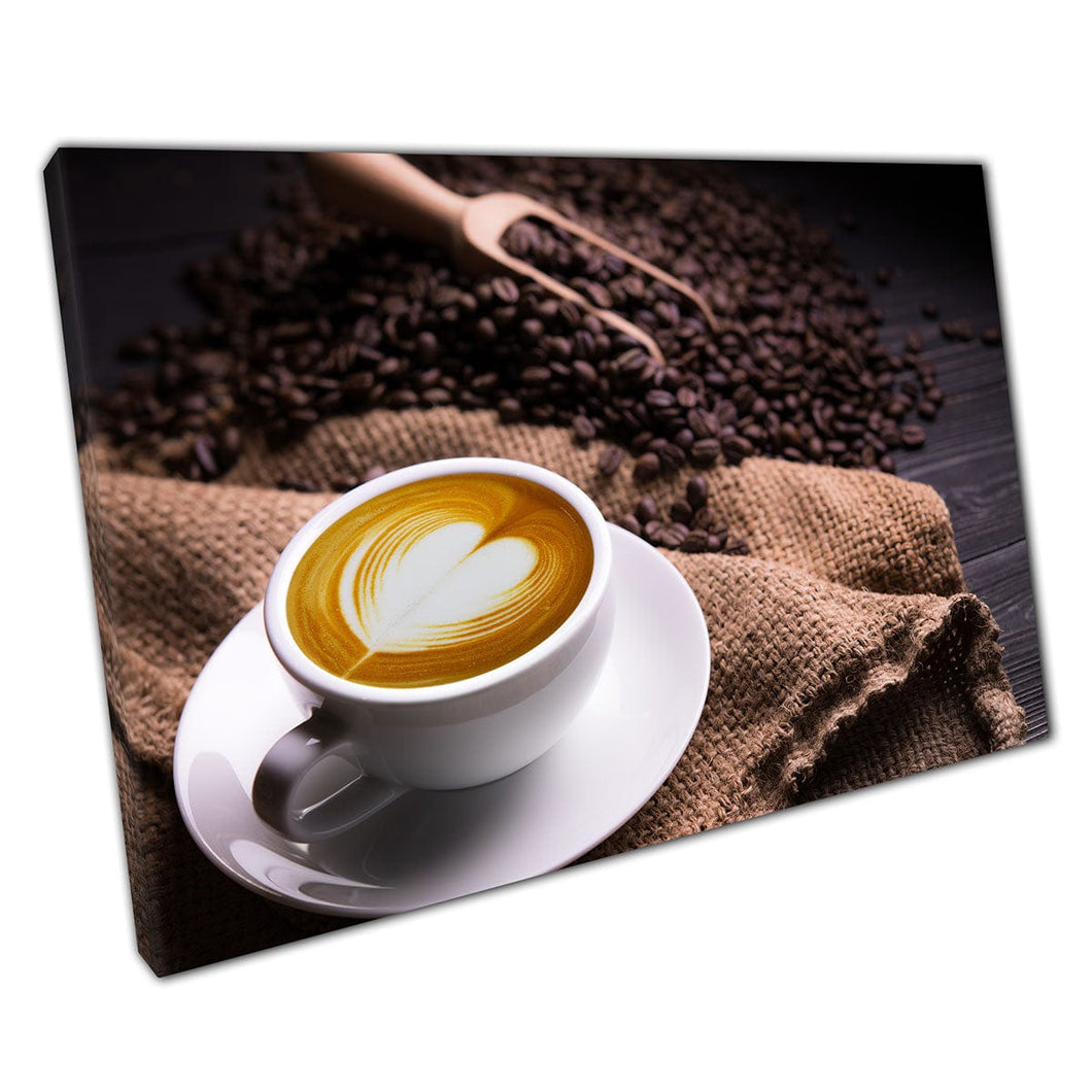 Cup Of Coffee With Latte Art On A Coffee Sack Surrounded By Coffee Beans Café Drinks Wall Art Print On Canvas Mounted Canvas print