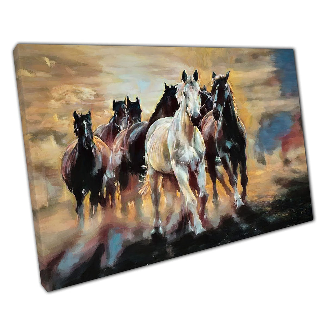 Herd Of Travelling Albanian Horses Approaching From Mist Fog Artistic Painting Style Wall Art Print On Canvas Mounted Canvas print