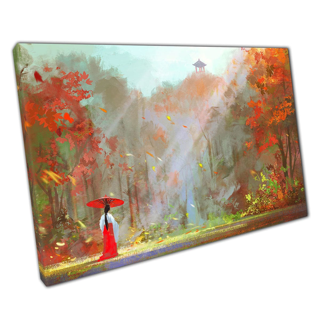 Person Surrounded By Oriental Forest Woodland With Japanese Building In The Distance Wall Art Print On Canvas Mounted Canvas print