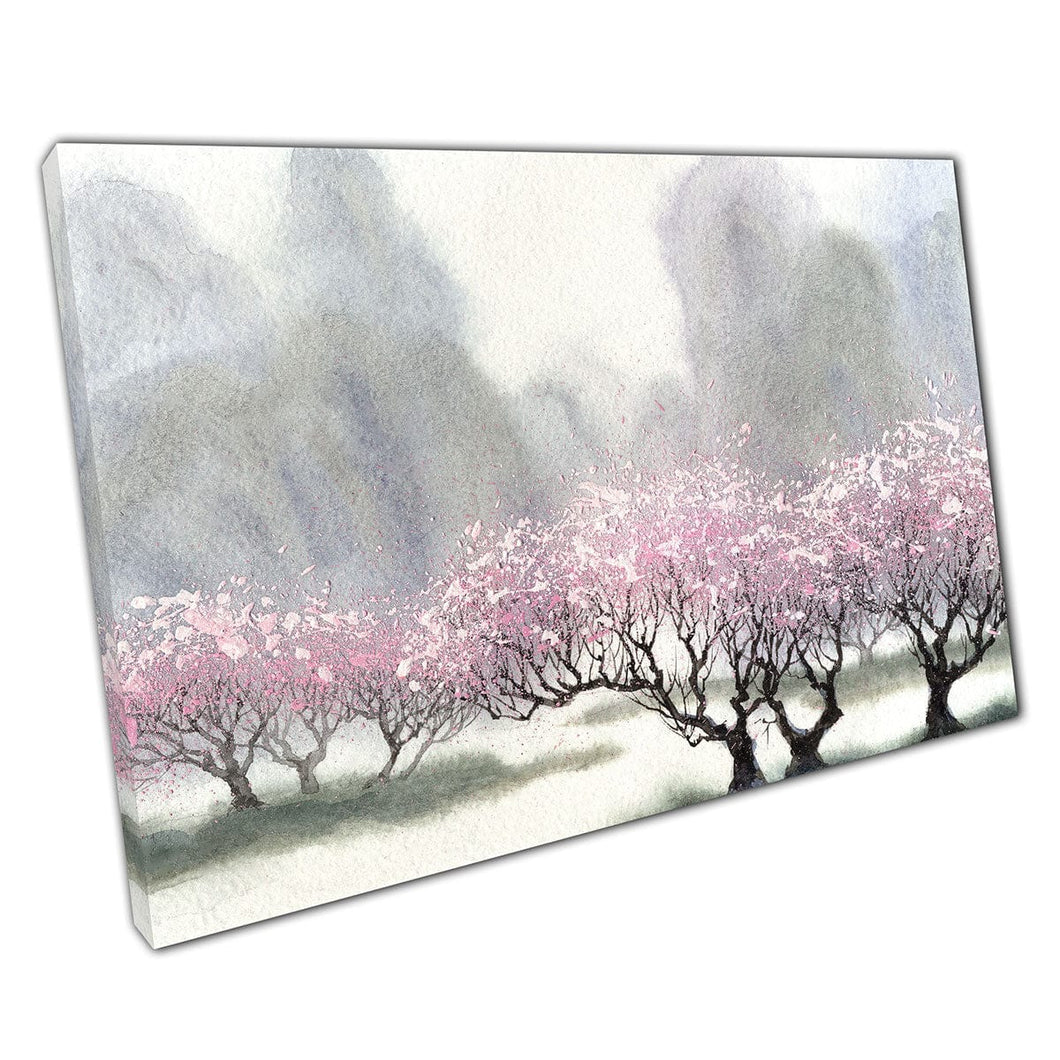 Delicate Watercolour Trees Blooming Pink Blossoms Near A River On A Cool Misty Day Wall Art Print On Canvas Mounted Canvas print