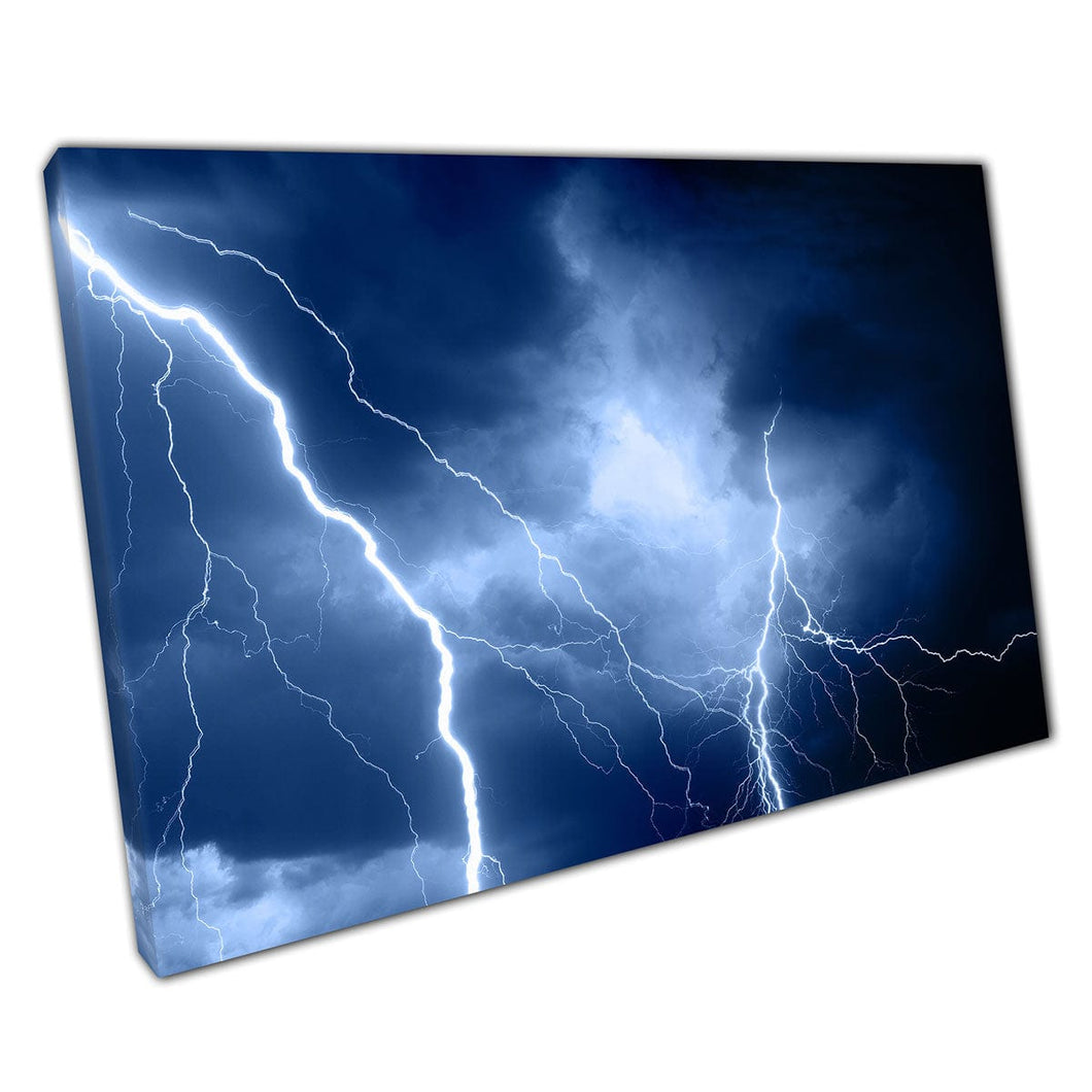 Dramatic Stormy Dusky Cloudy Blue Sky Illuminated By Ferocious Lightening Strikes Wall Art Print On Canvas Mounted Canvas print