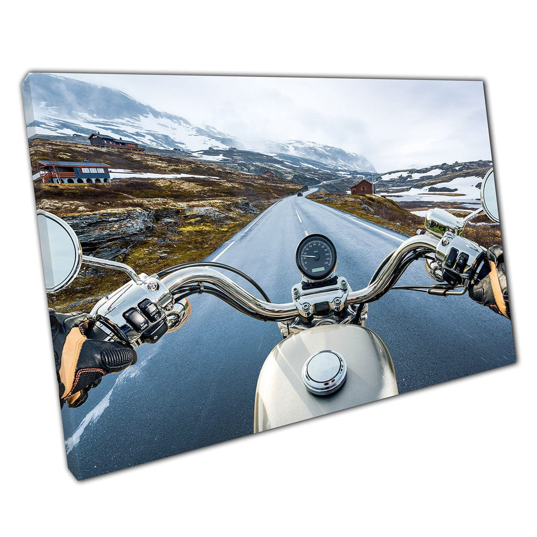 First Person View Biker On Motorcycle Passing Through Norway Wanderlust Photography Wall Art Print On Canvas Mounted Canvas print
