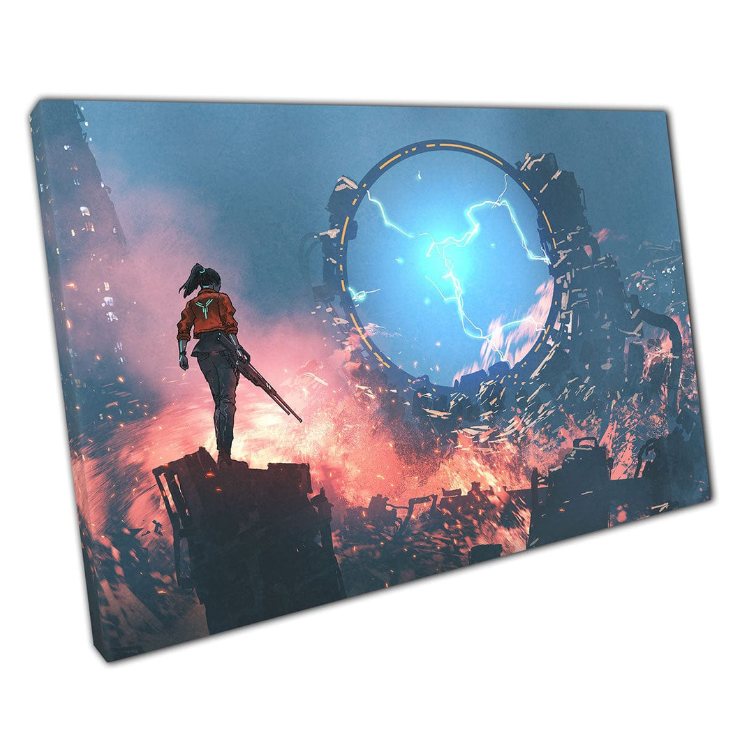 Strong Woman Fighter With Gun Looking Into A Destroyed Portal Digital Artwork Wall Art Print On Canvas Mounted Canvas print