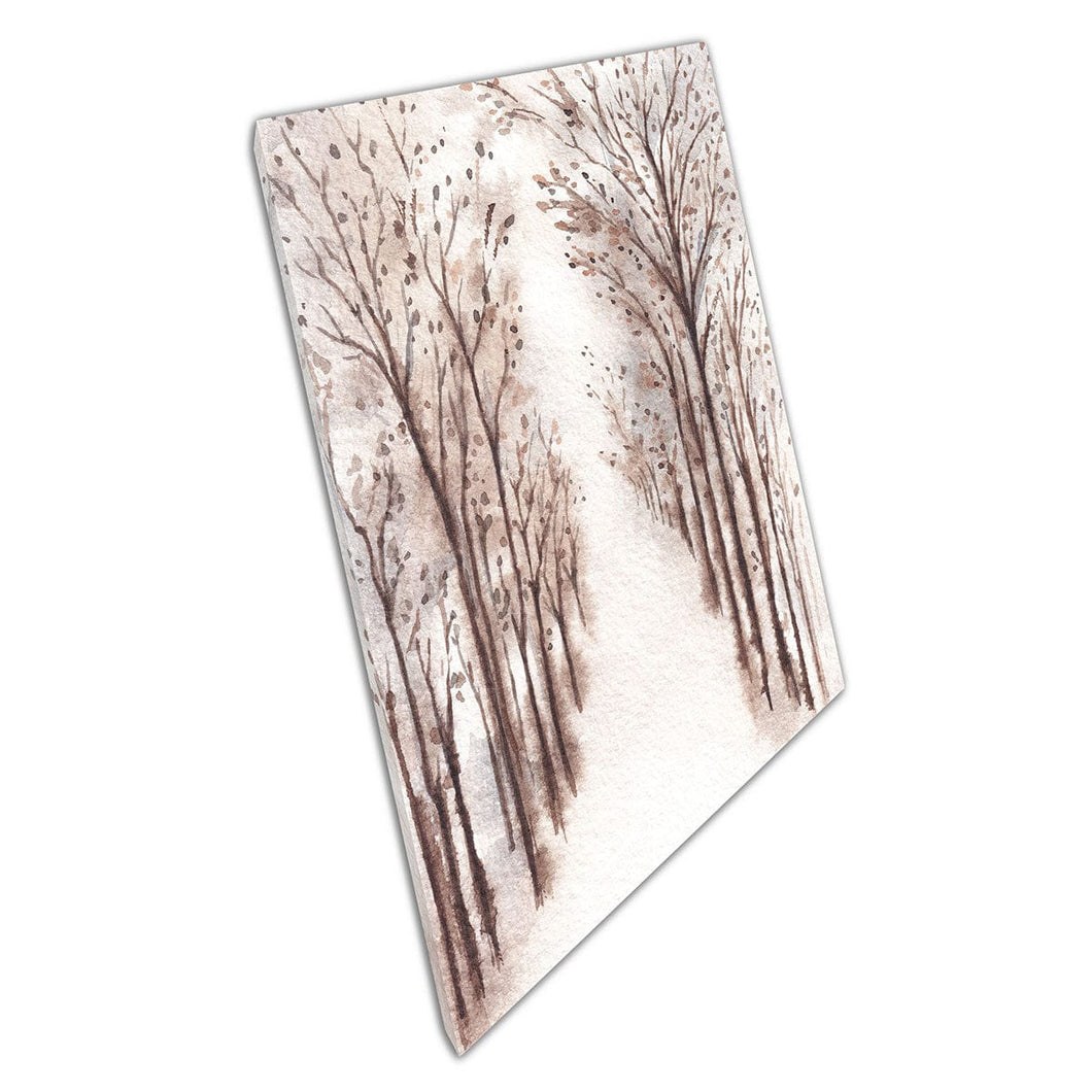 Delicate Sepia Toned Autumn Winter Trees Lining A Path Minimalist Nature Watercolour Wall Art Print On Canvas Mounted Canvas print