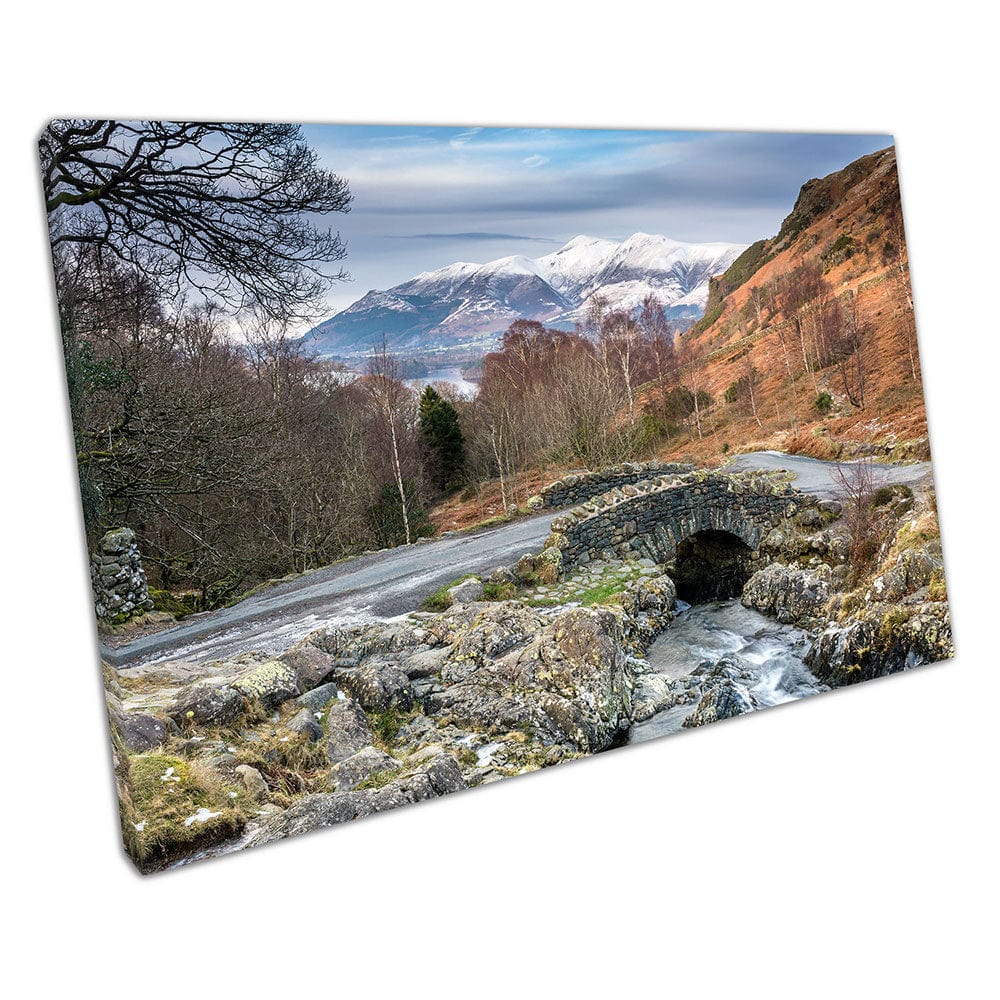 Ashness Bridge & snow capped Skiddaw The Lake District Ready to Hang Wall Art Print Mounted Canvas print