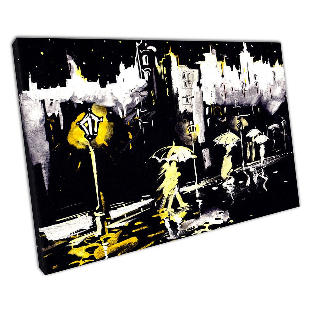 Walking in the rain with Yellow Umbrellas illustration Ready to Hang Wall Art Print Mounted Canvas print