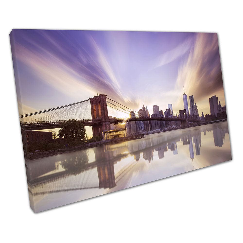 city of New York with Brooklyn bridge purple sunset USA Ready to Hang Wall Art Print Mounted Canvas print